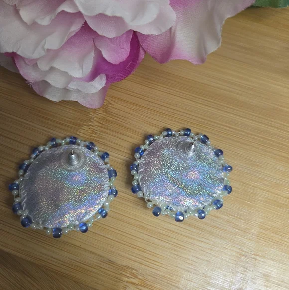 Blue and White Handcrafted Beaded Earrings - Picture 2 of 3